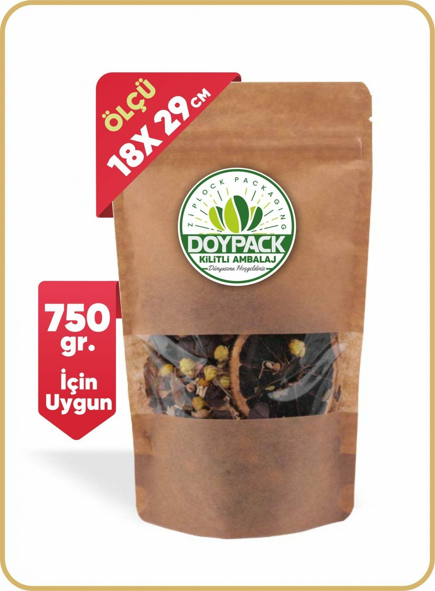 Kraft Pencereli Kilitli Doypack 250 - 18x29cm