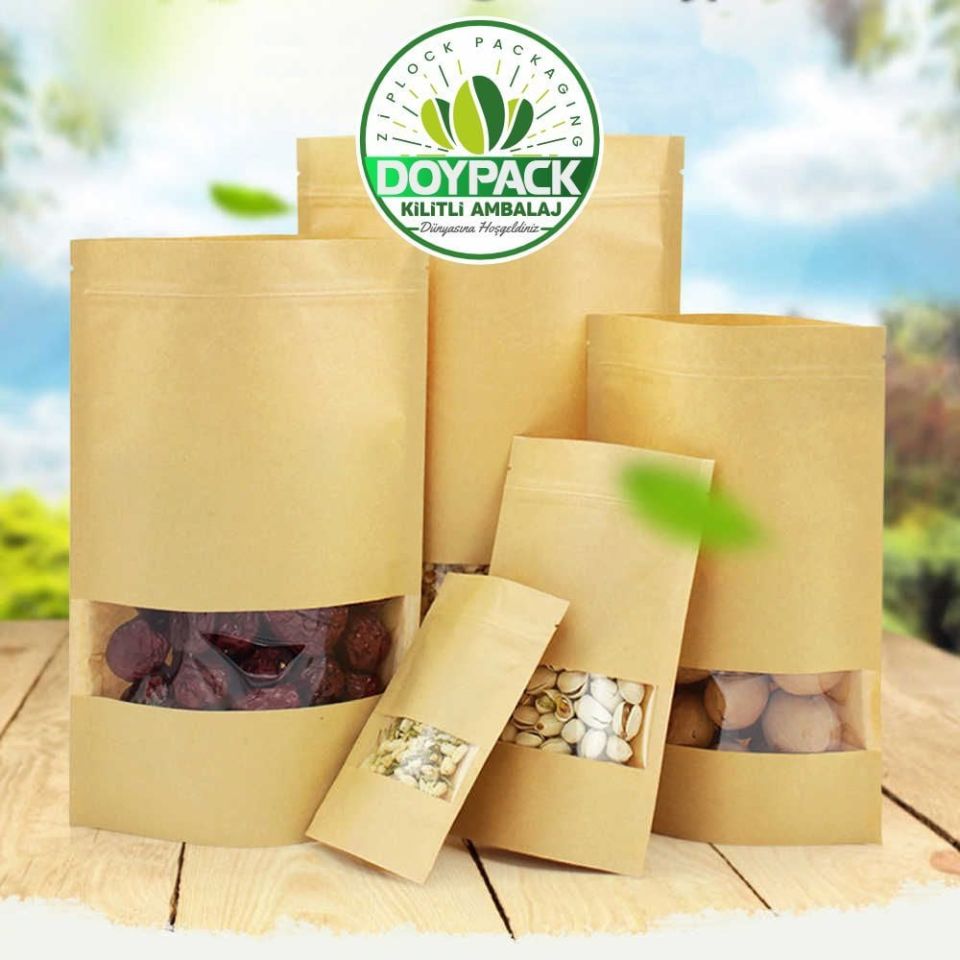 Kraft Pencereli Kilitli Doypack 500 - 13x22.5cm