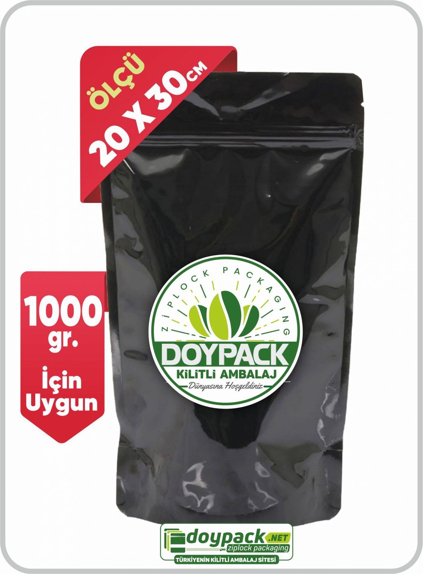 Parlak Siyah Alüminyum Kilitli Doypack 100 - 20x30cm