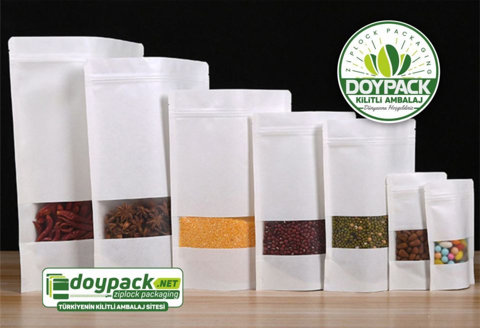 Beyaz Kraft Pencereli Kilitli Doypack 250 - 11x18.5cm