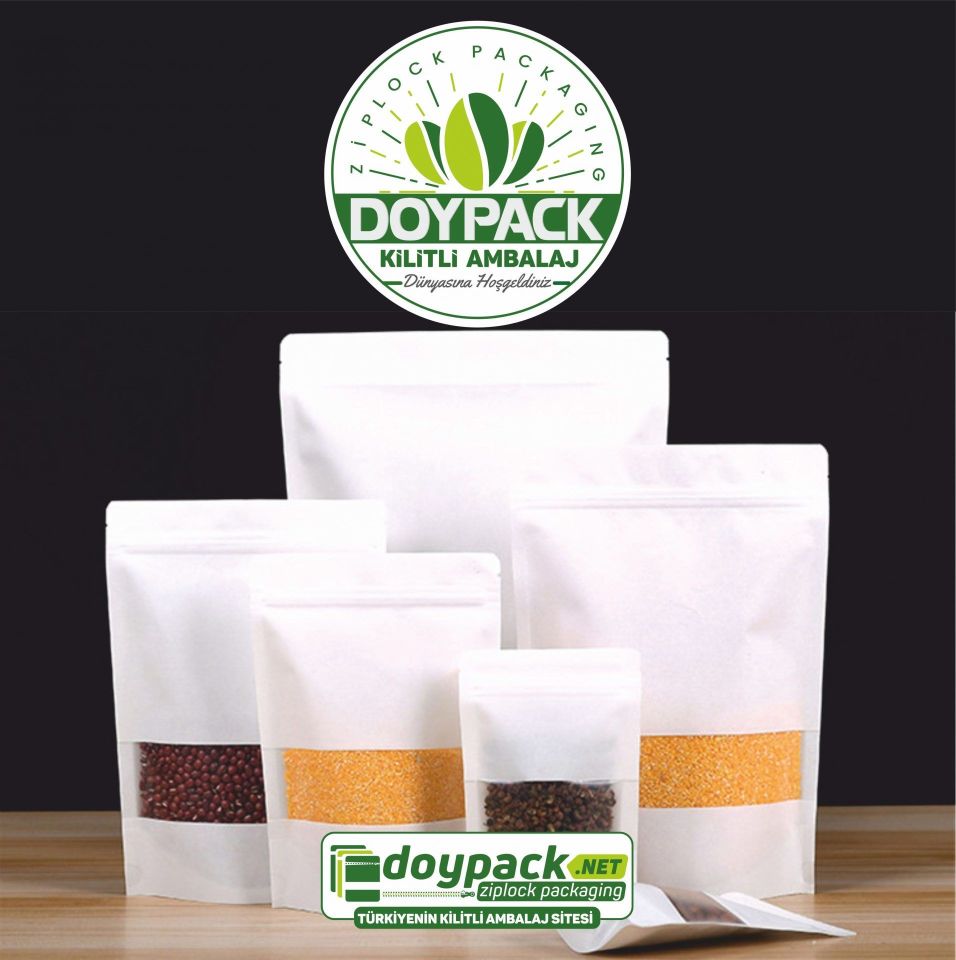 Beyaz Kraft Pencereli Kilitli Doypack 100 - 13x22.5cm