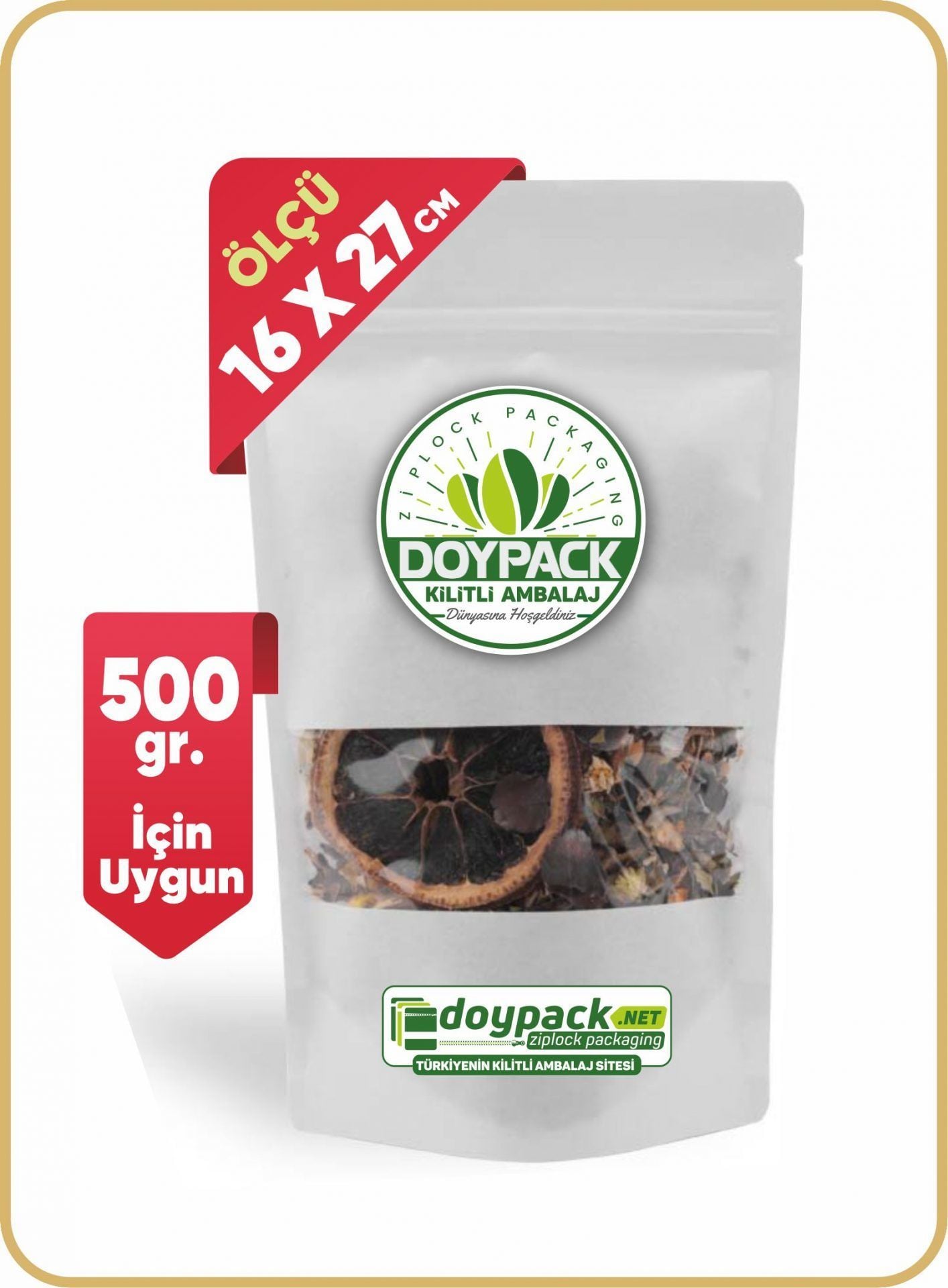 Beyaz Kraft Pencereli Kilitli Doypack 1000 - 16x27cm