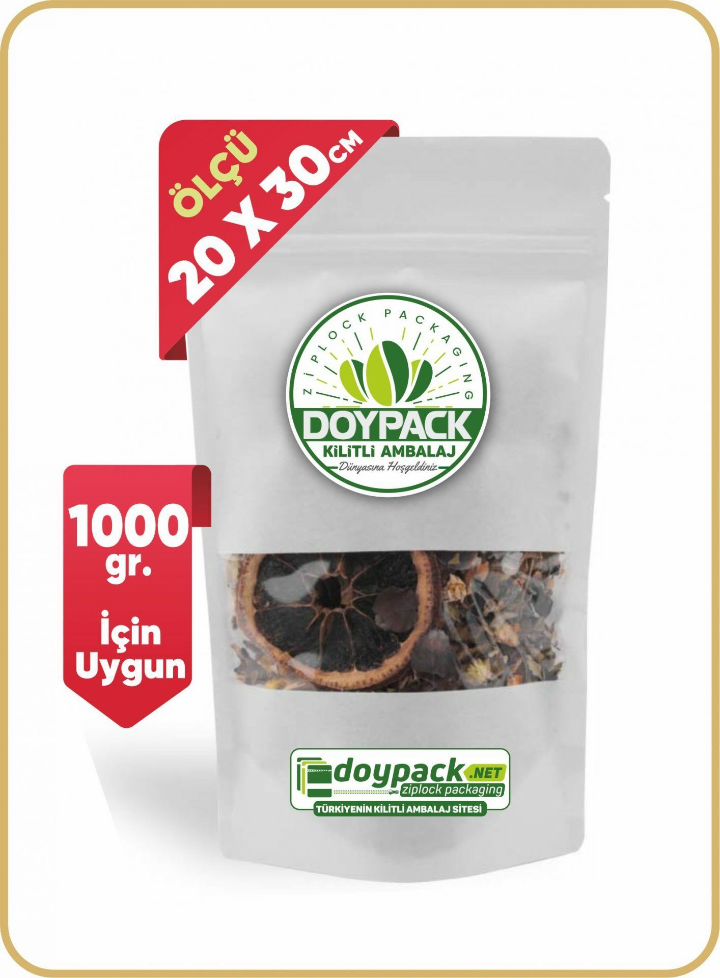 Beyaz Kraft Pencereli Kilitli Doypack 50 - 20x30cm