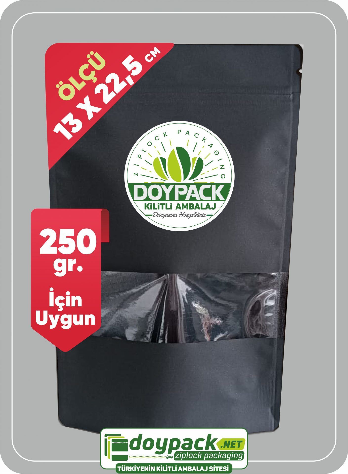 Siyah Kraft Pencereli Kilitli Doypack 1000 - 13x22.5cm