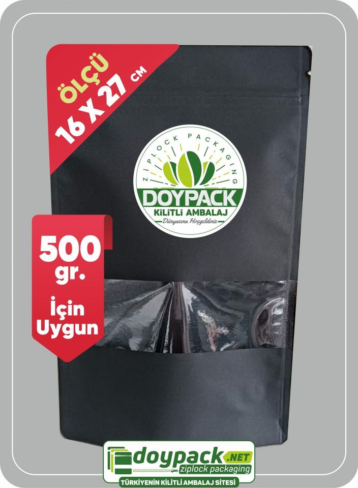 Siyah Kraft Pencereli Kilitli Doypack 1000 - 16x27cm