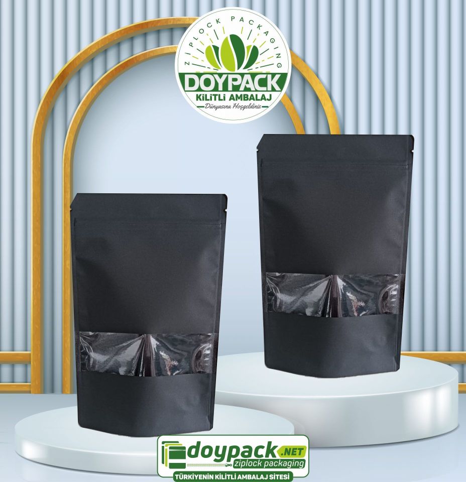 Siyah Kraft Pencereli Kilitli Doypack 500 - 18x29cm