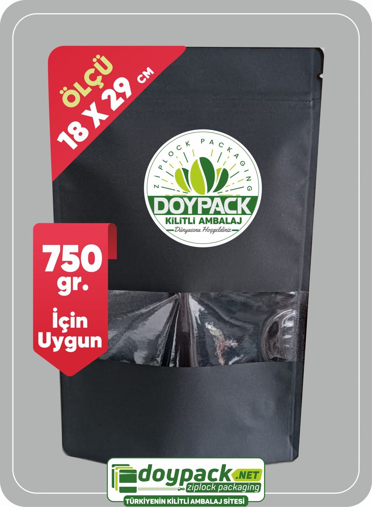 Siyah Kraft Pencereli Kilitli Doypack 1000 - 18x29cm