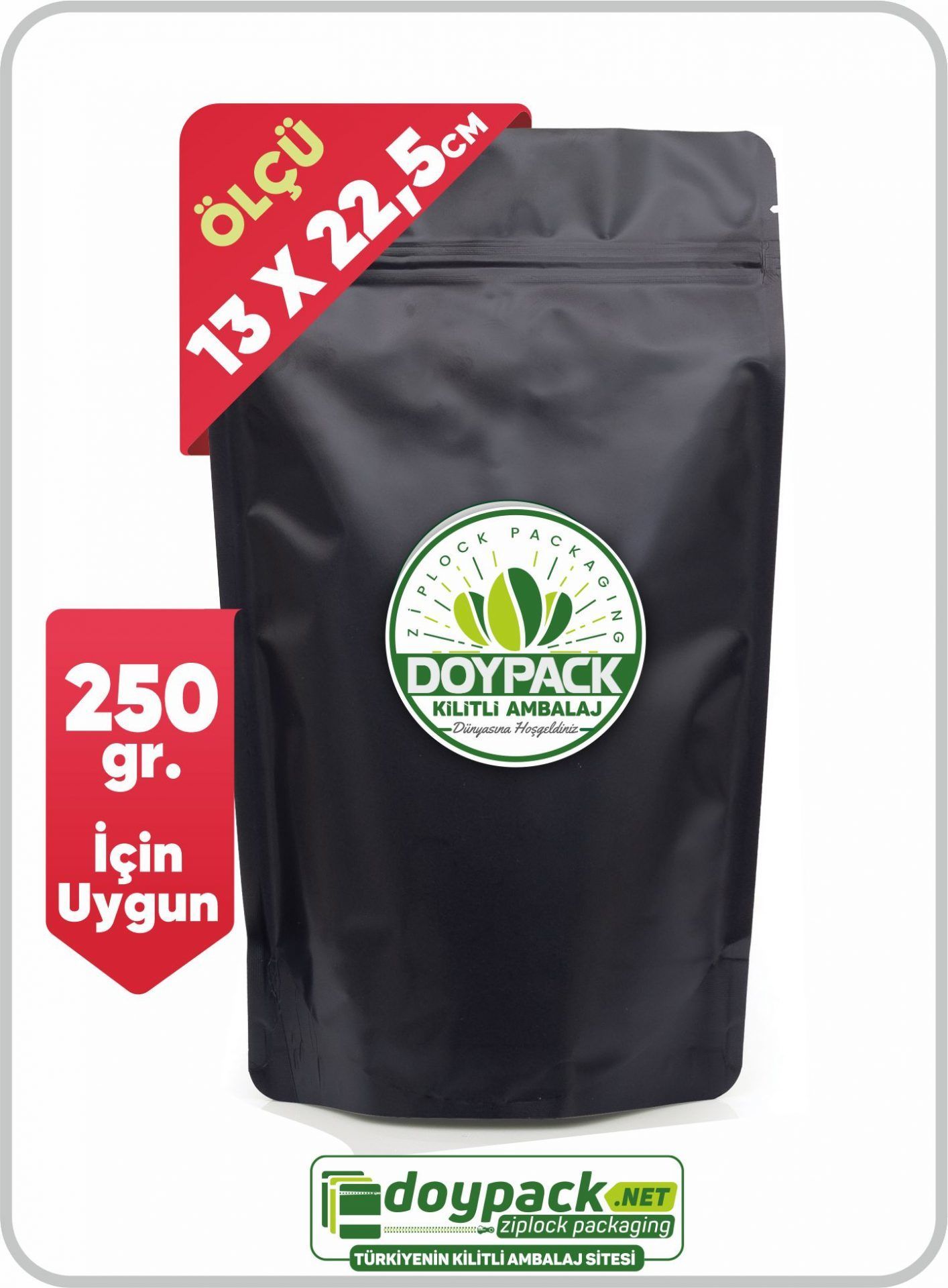 Mat Siyah Alüminyum Kilitli Doypack 50 - 13x22.5cm