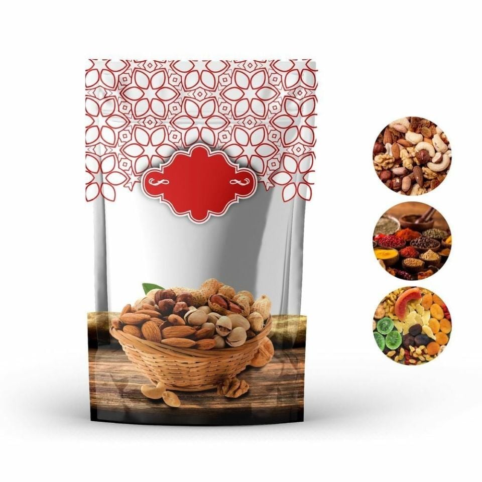 Kuruyemi̇ş Desenli̇ Kırmızı Doypack 1000 - 17.5x25cm