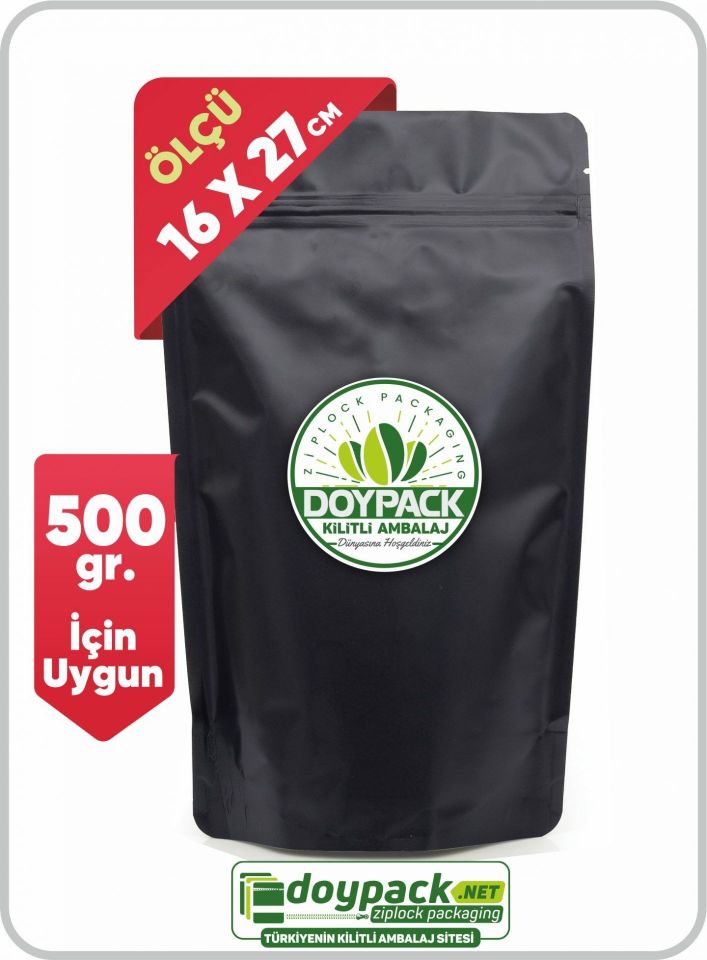 Mat Siyah Alüminyum Kilitli Doypack 100 - 16x27cm