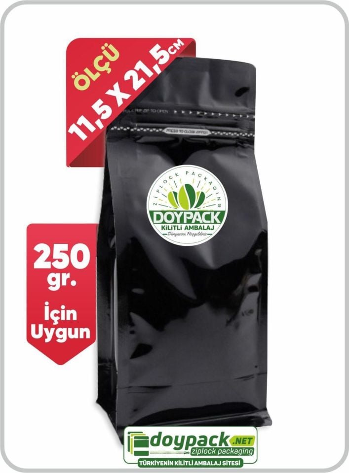 Parlak Siyah Kilitli Flat Bottom Valfli Torba 1000 - 11.5x21.5cm - Valfli