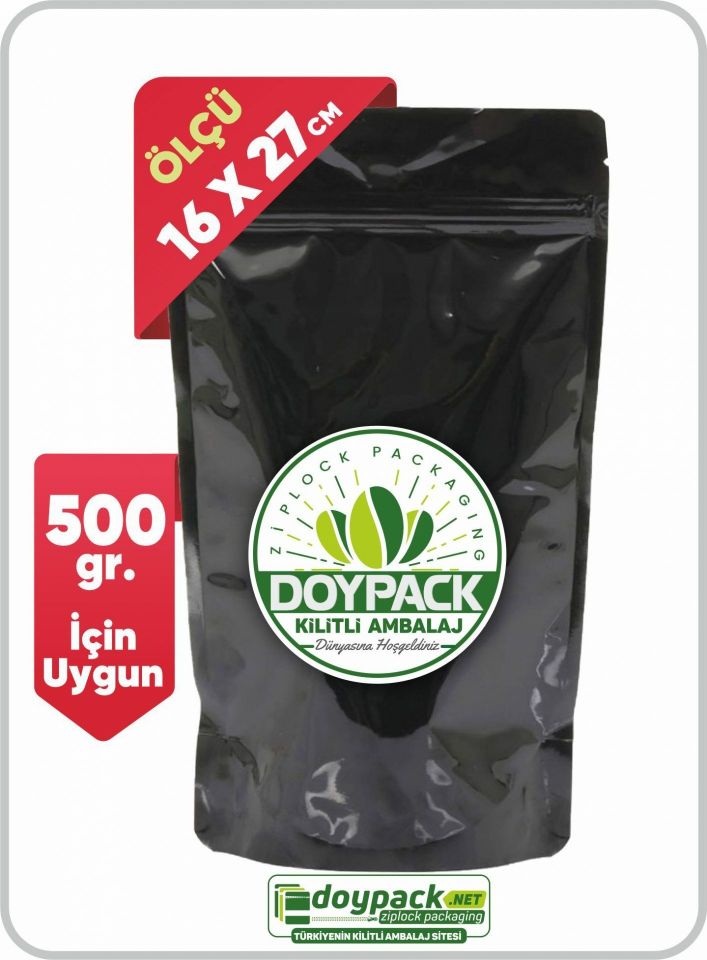 Parlak Siyah Alüminyum Kilitli Doypack 1000 - 16x27cm