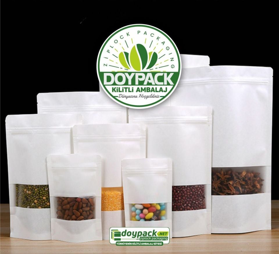 Beyaz Kraft Pencereli Kilitli Doypack 50 - 25x34cm