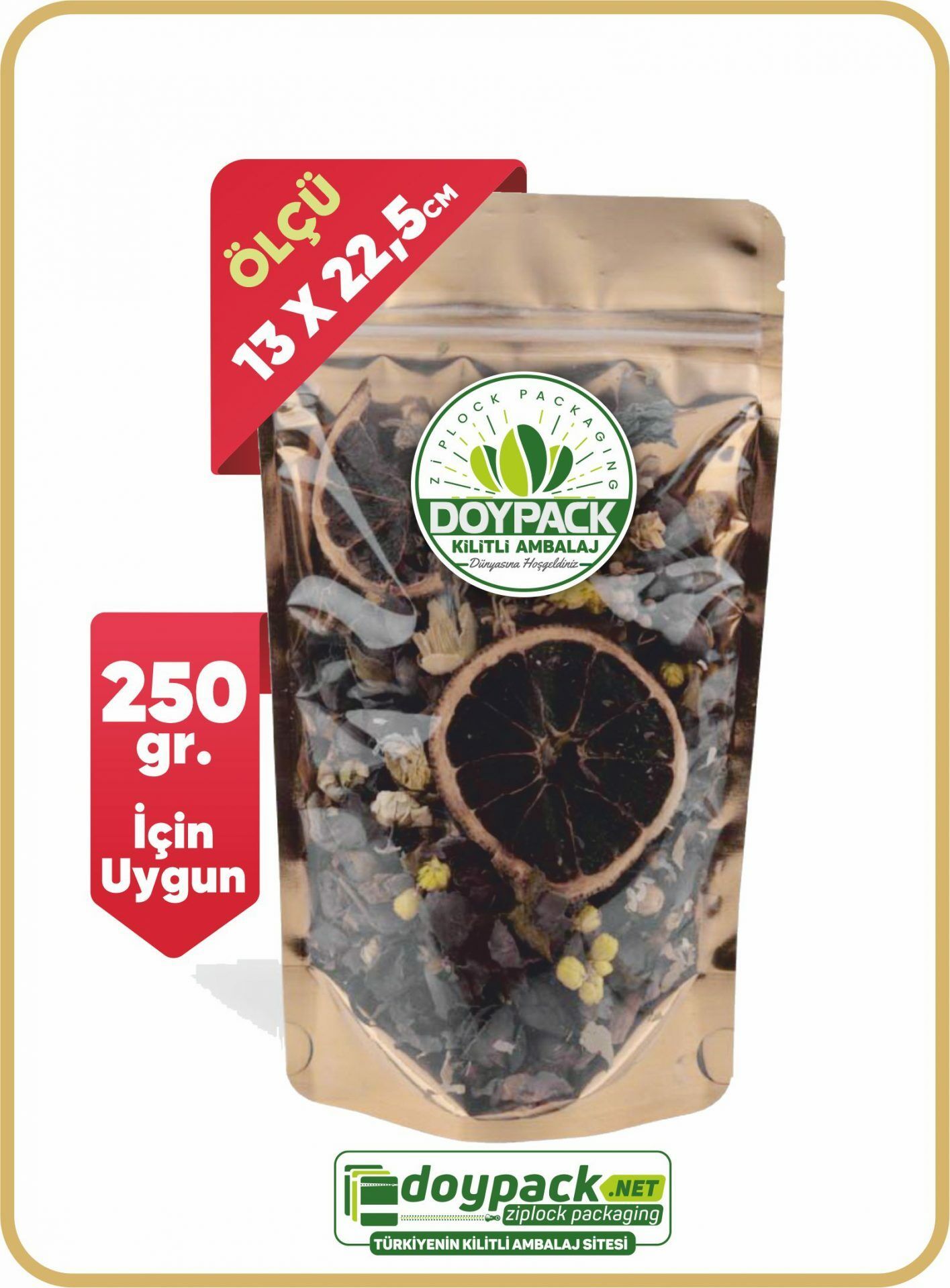 Şeffaf Metalize Gold Kilitli Doypack 250 - 13x22.5cm
