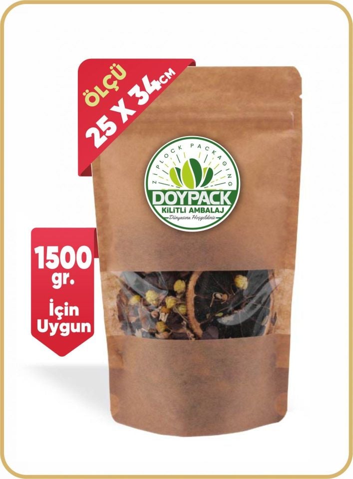 Kraft Pencereli Kilitli Doypack 500 - 25x34cm