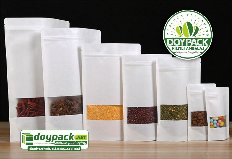 Beyaz Kraft Pencereli Kilitli Doypack 50 - 8.5x14.5cm