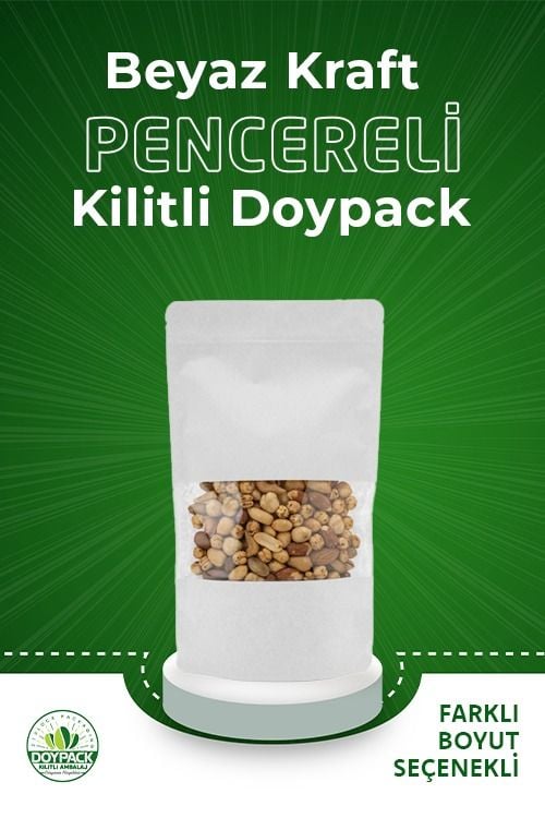 Beyaz Kraft Pencereli Kilitli Doypack 3000 - 8.5x14.5cm